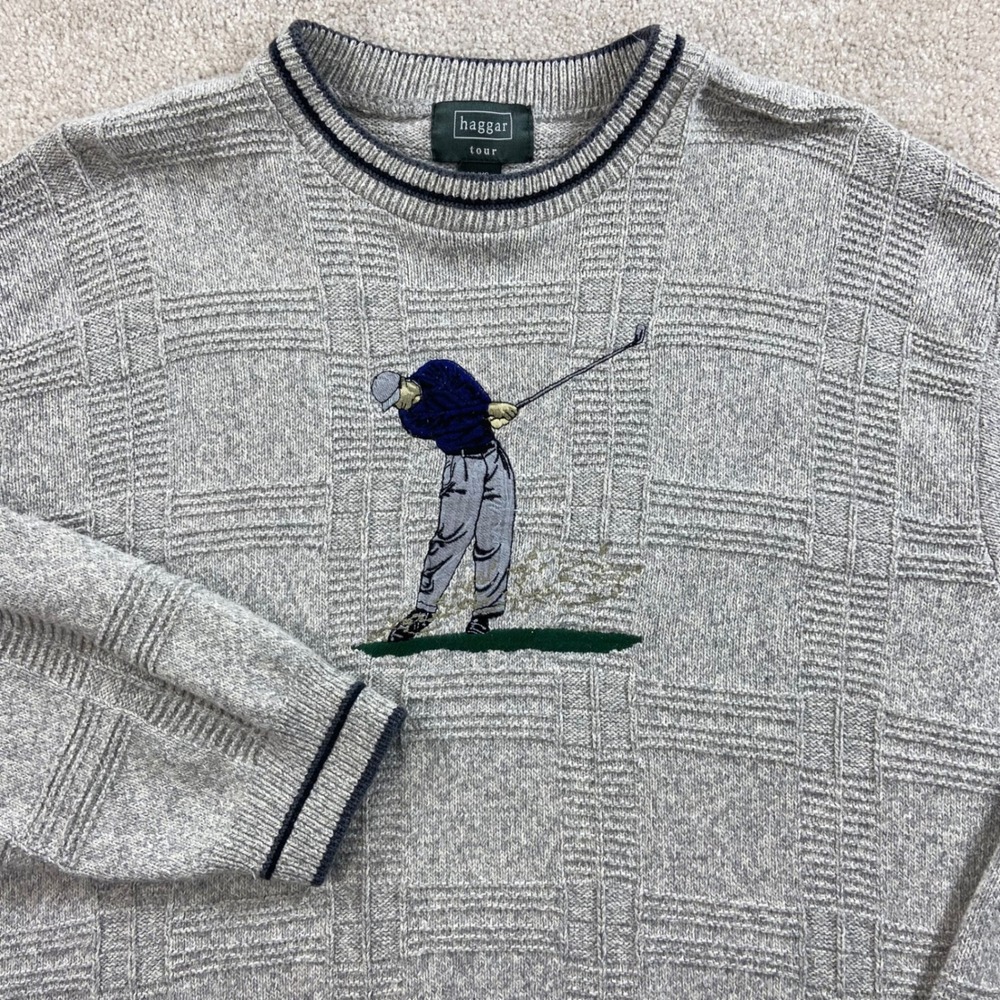 Vtg Haggar Tour Sweater Mens XL Gray Embroidered Golfer Textured Knit USA Made